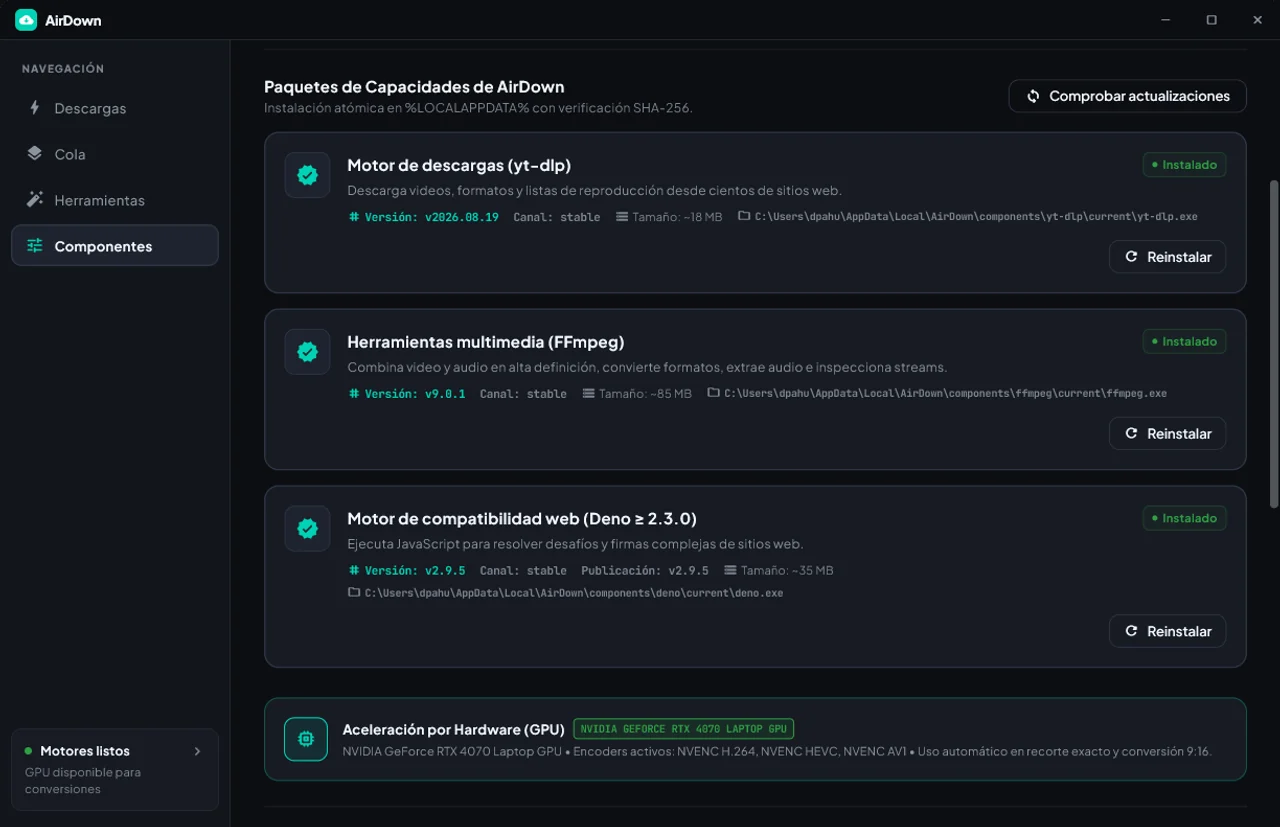 Administración de componentes de AirDown