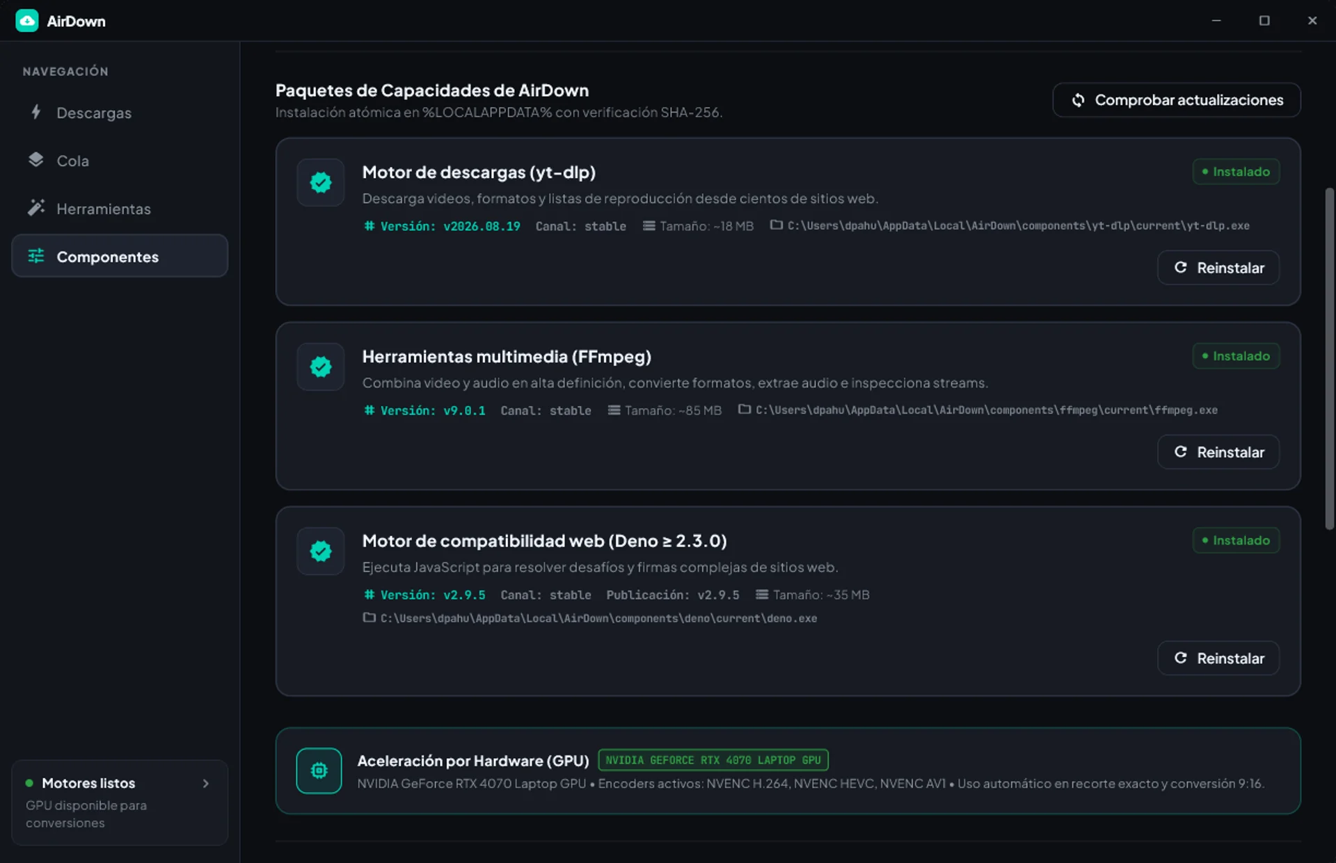 Administración de componentes de AirDown