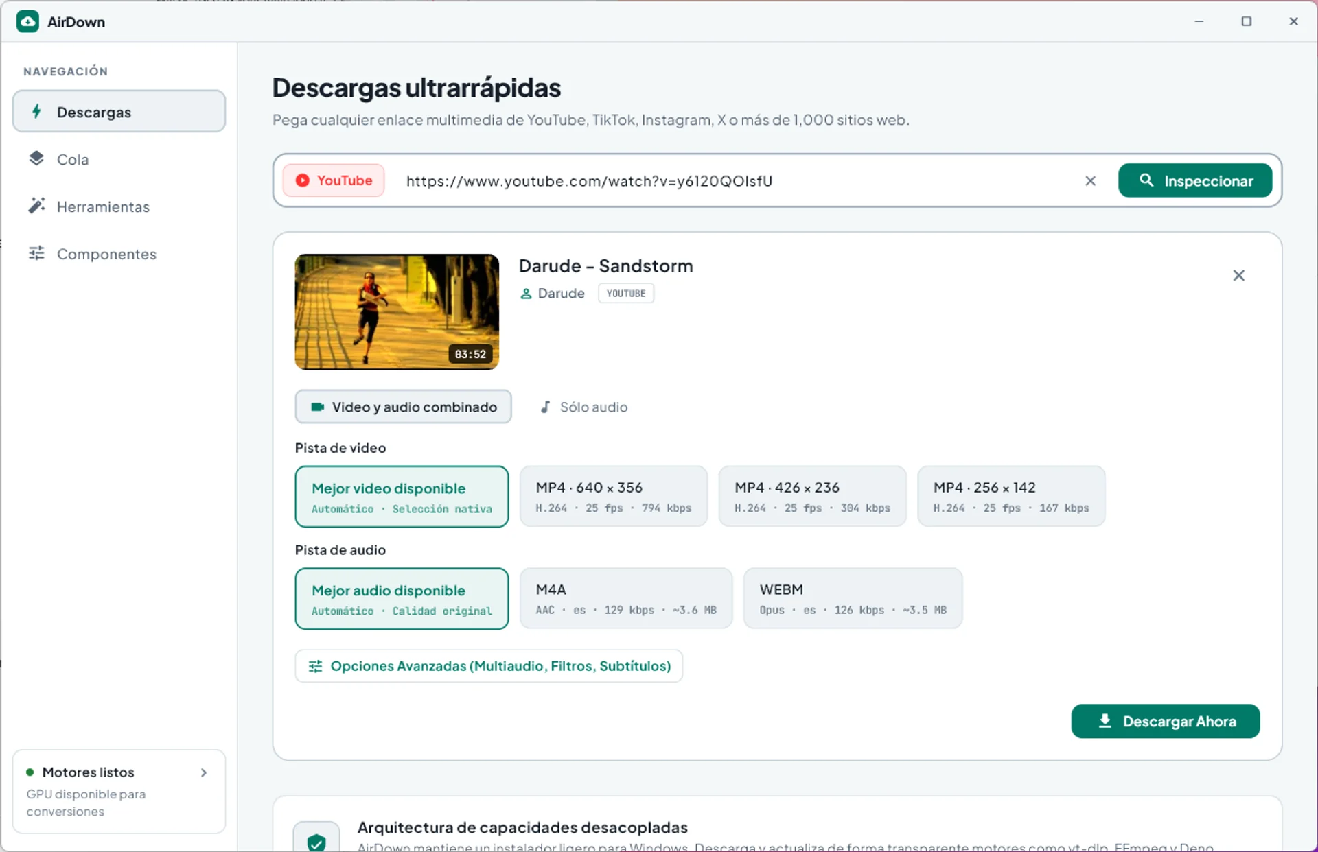 AirDown en modo claro: selector de formatos