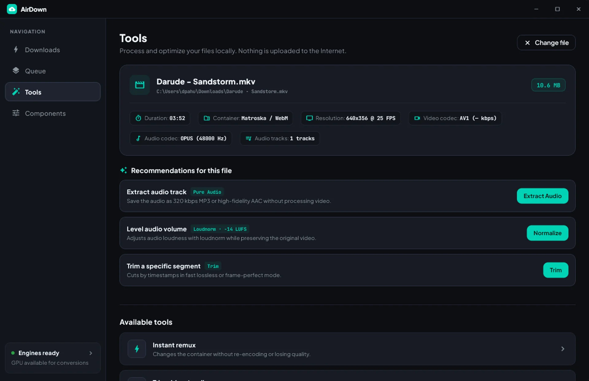 Herramientas locales de procesamiento multimedia de AirDown