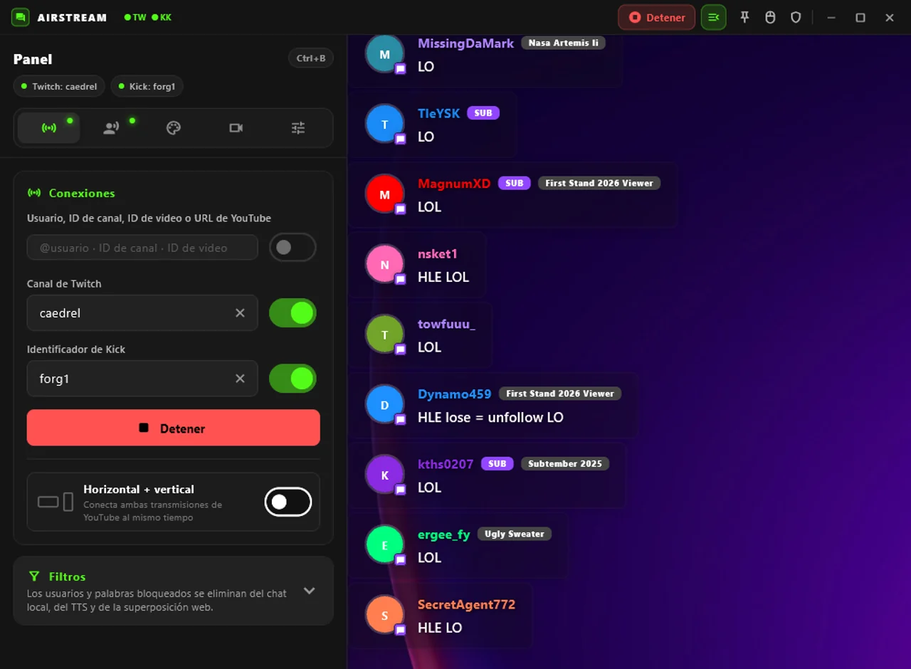 AirStream Studio: conexiones de Twitch y Kick en una sola interfaz