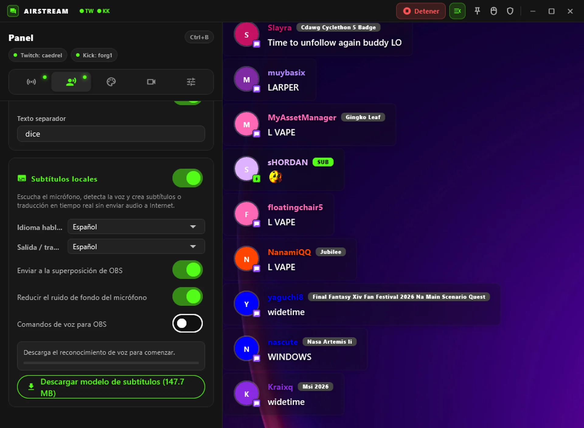 Configuración de subtítulos y reconocimiento de voz