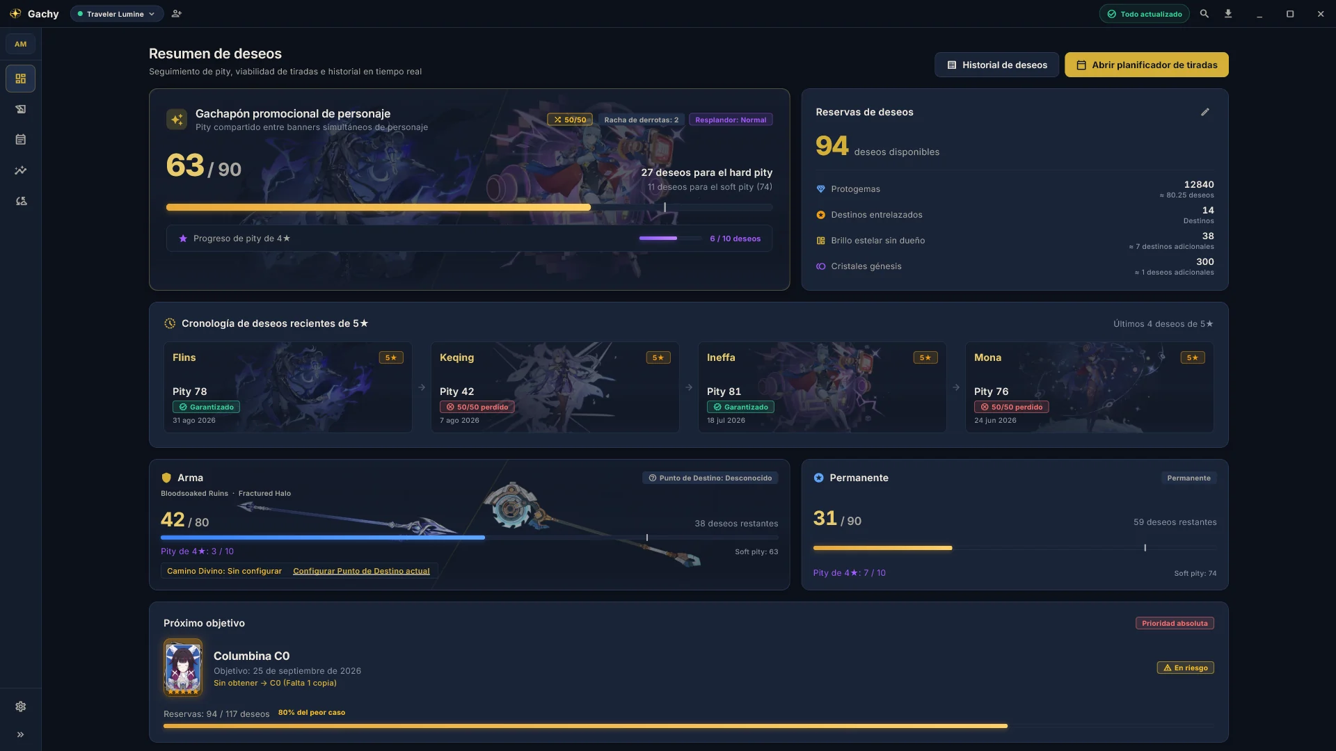 Gachy: panel de historial y progreso de tiradas