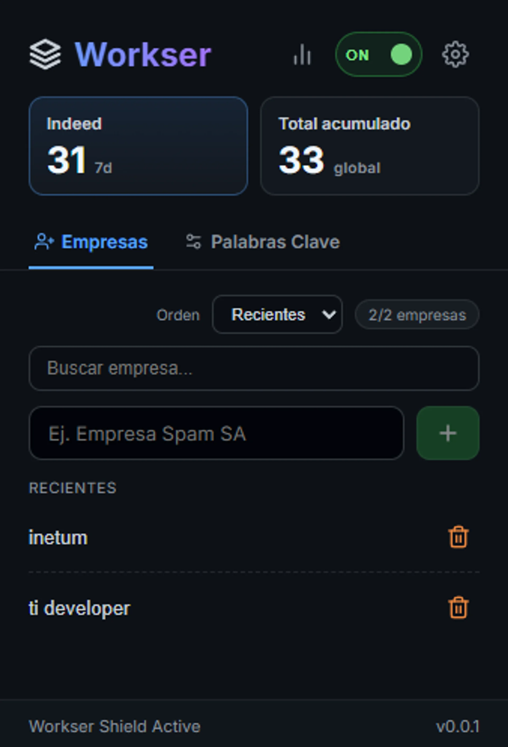 Workser: reglas de filtrado de ofertas por empresa en el panel de la extensión